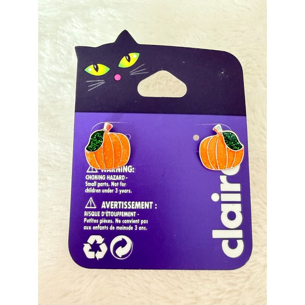 Claire's Halloween Glitter Pumpkin Enamel Stud Earrings NWT Orange Green Descri